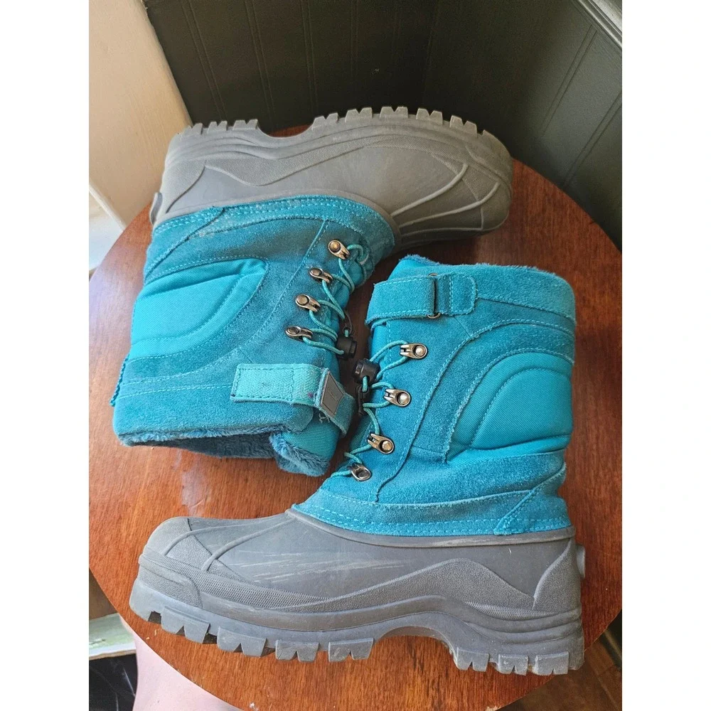 Lands End snow flurry Youth Teal Suede Snow Boots Sz 7M Waterproof Winter 473018